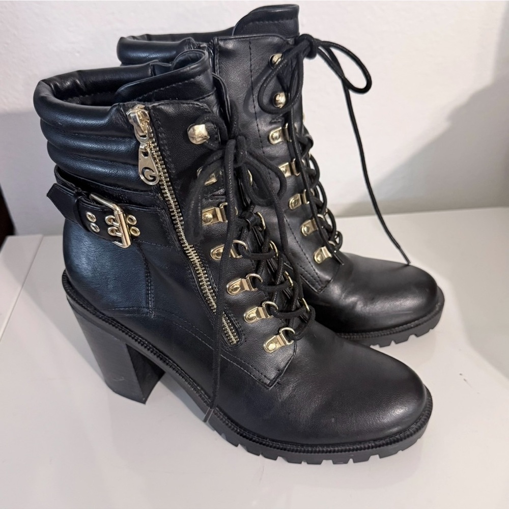 GBG Los Angeles Black Lace-Up Boots with Gold Accents